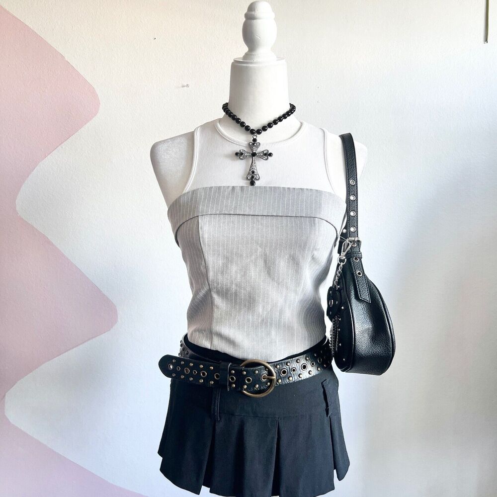 Gray Pinstripe Top, Preppy, Office Siren, Y2K, Minimalist,‎ Small, Vintage